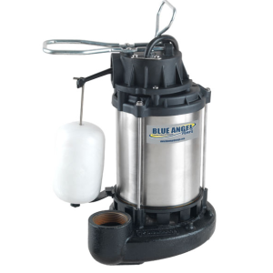 Blue Angel brand submersible sump pump with a stainless steel body and an attached float switch.