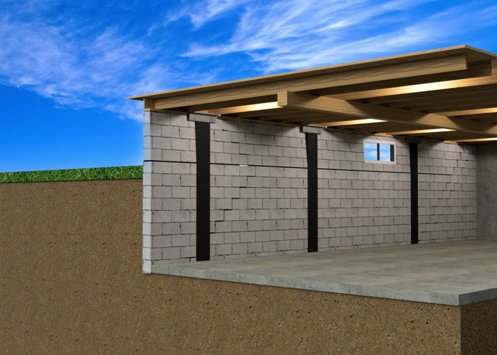 3D rendering of a cracked concrete block basement wall reinforced with vertical black carbon fiber wall braces.