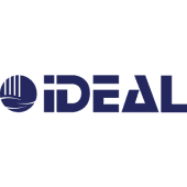 Logo for IDEAL, featuring a dark blue wordmark with a stylized hand icon replacing the letter I.