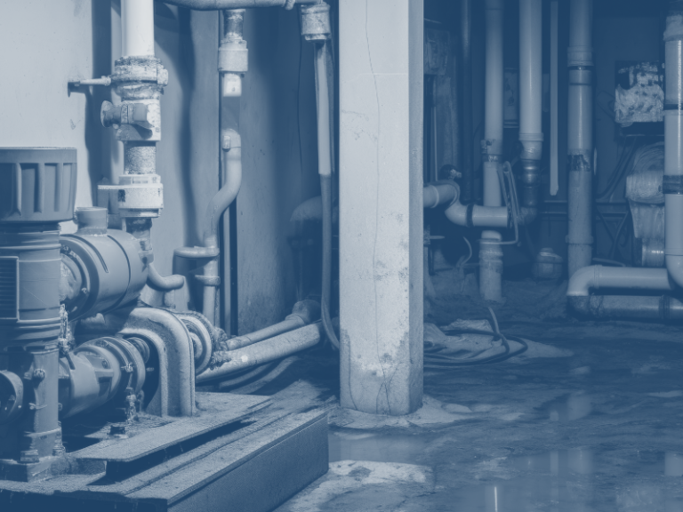 Sump pump system in a dark, flooded basement with standing water on the concrete floor.