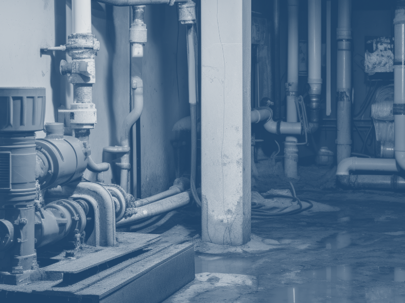 A dark, close-up photo of a basement area showing a complex network of white PVC pipes, a large pump system, and standing water on the concrete floor, suggesting a sump pump or plumbing issue.