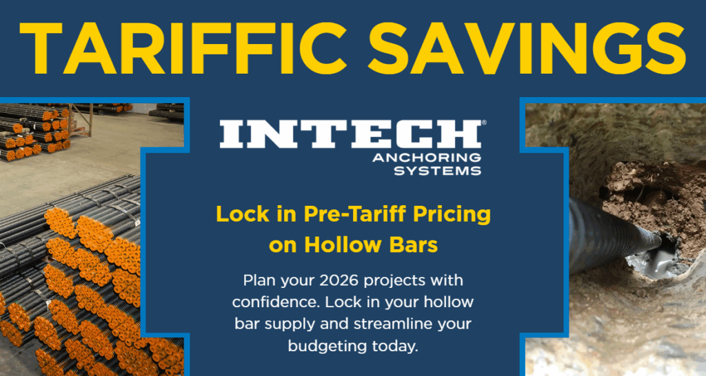 Intech Anchoring Systems promotional graphic for 'Tariffic Savings' offering pre-tariff pricing on hollow bars, featuring images of stacked hollow bars and a bar being installed.