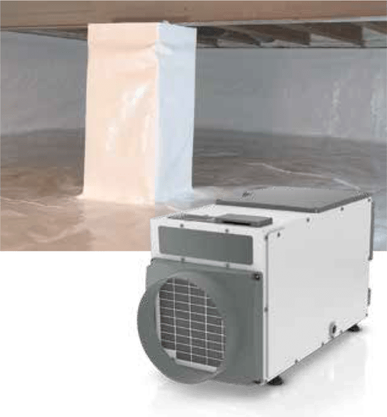 A white, rectangular crawl space dehumidifier unit, possibly a Hydrabreeze model, sitting on a white vapor barrier in a crawl space.