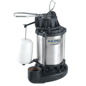 Blue Angel brand submersible sump pump with a stainless steel body and an attached float switch.